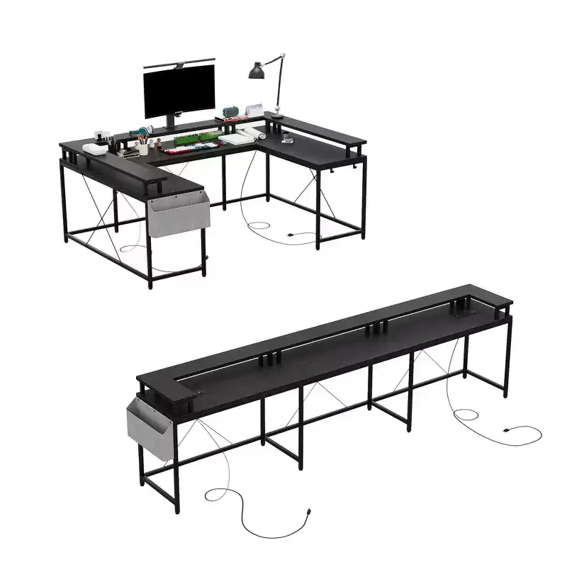 U-shaped computer desk, reversible L-shaped console table with sockets, light strip and monitor stand, storage function, suitable for home office