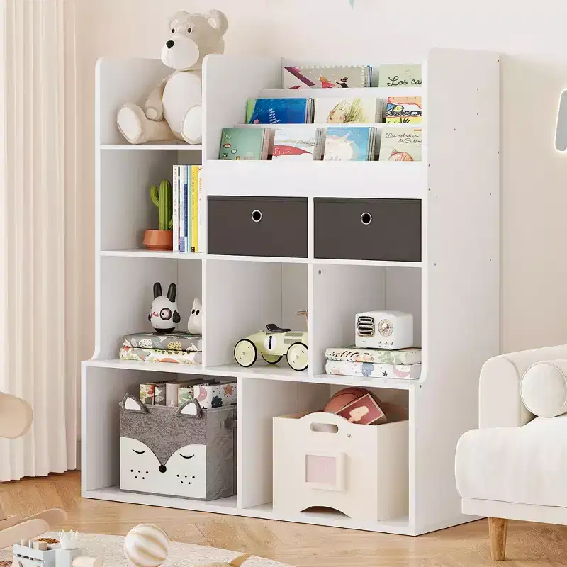 Kids Bookshelf with Drawers Modern Bookcase with Cubbies Floor Storage Cabinet Wooden Toy Chest Playroom