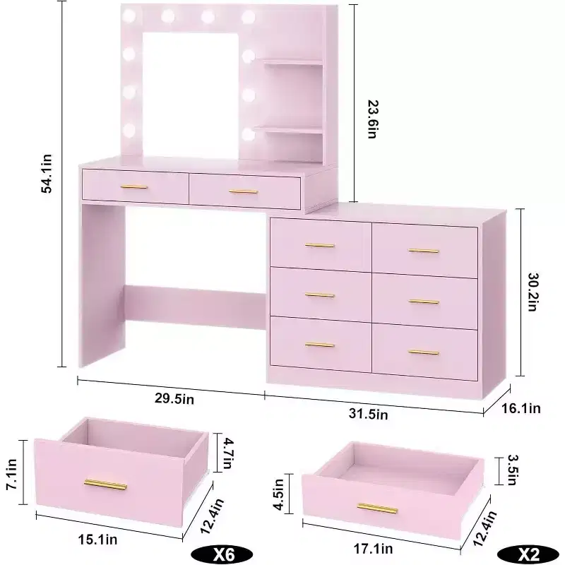 Acekool 61 Makeup Vanity Desk with Mirror, 8 Wide Drawers, 2-Tier Storage Shelves, Adjustable 3-Mode Mirror, Pink Vanity Table for Bedroom Dressing