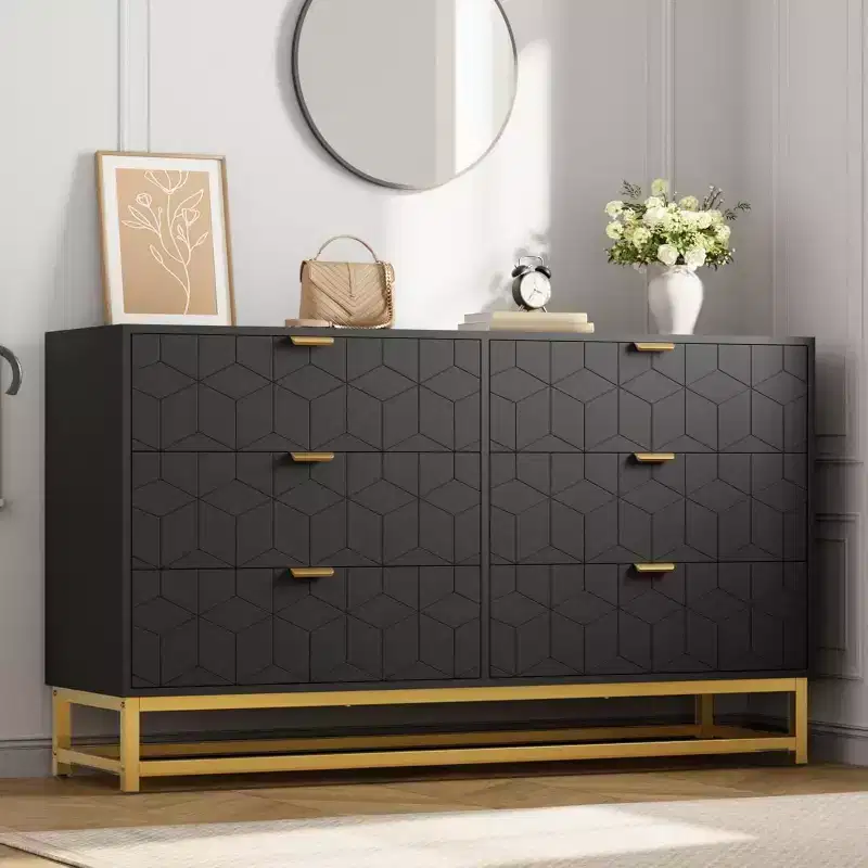 Acekool 6 Drawer Dresser, Modern Wide Chest Organizer with Gold Metal Legs, Large Storage Cabinet for Bedroom, Living Room, Entryway