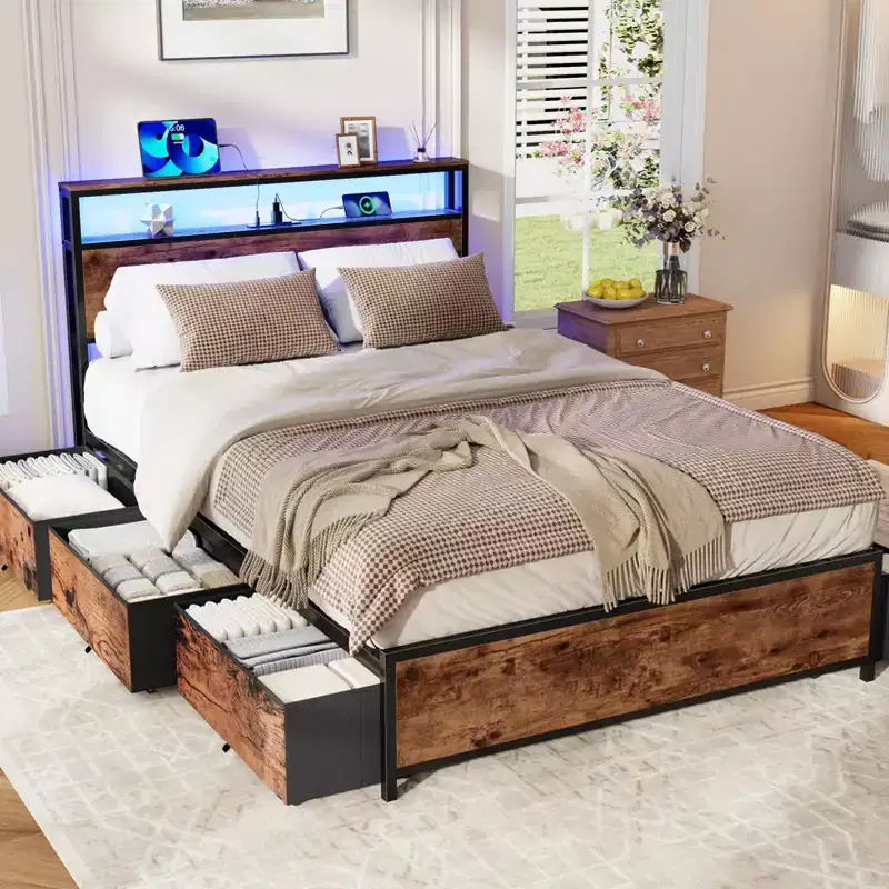 Industrial Full Size Bed Frame 6 Storage Drawers LED Lights Charging Station 2 Tier Shelf Headboard Heavy Duty Metal No Box Spring Needed