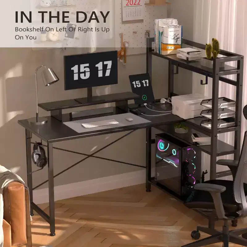 COMHOMA Office Desk 55" Computer Desk with Shelves L Shape Corner Desk with Monitor Stand Black