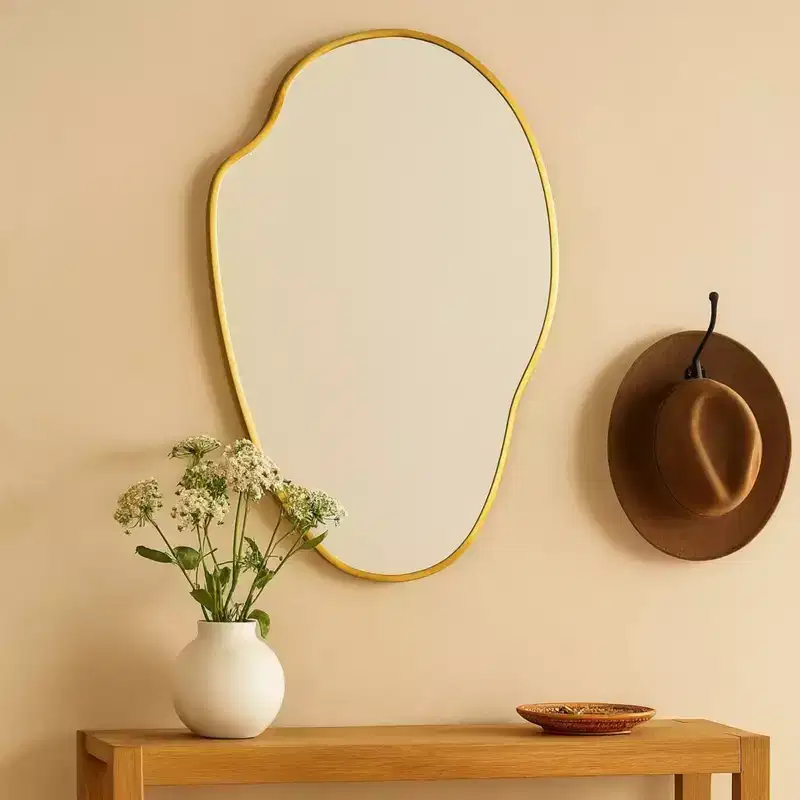 Vallia Brushed Gold Asymmetrical Irregular Wall Mirror ,22''x 34'' Unique Brass Frame Wall Mounted Mirror for Bathroom,Entryway,Nursery