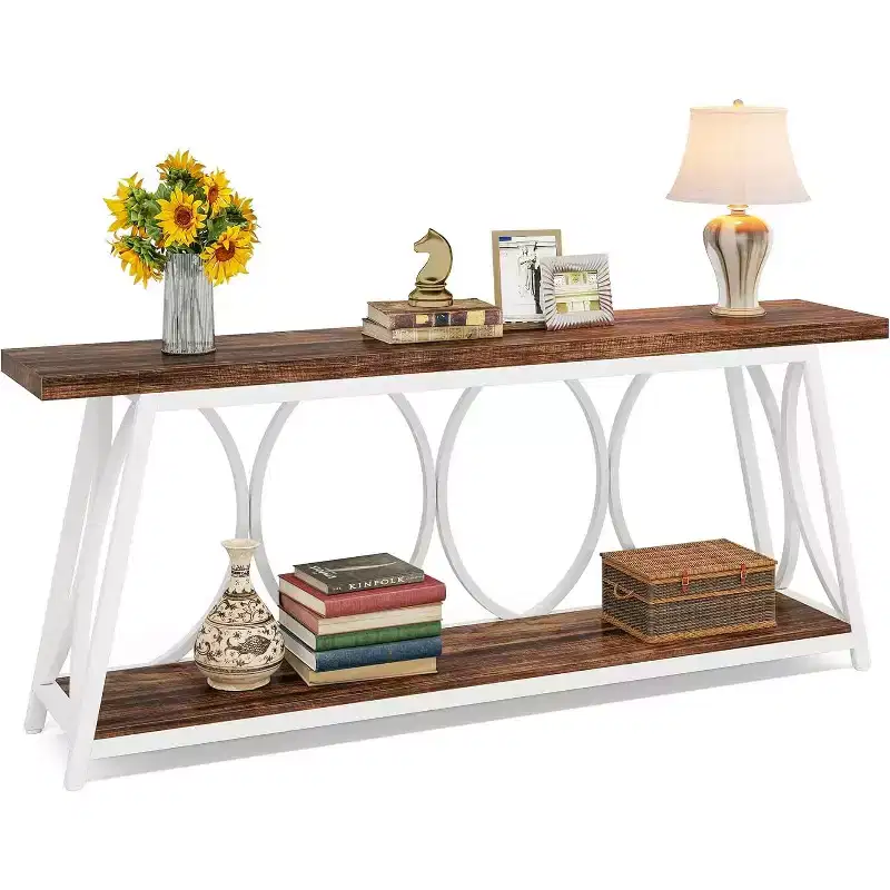 Lantine 70.9-Inch Extra Long Console Table, Industrial Sofa Table with Storage Shelf for Living Room, Entryway, Hallway, White & Brown