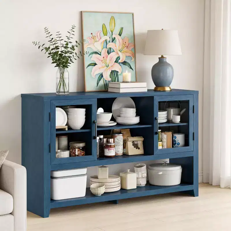 53 Kitchen Buffet Sideboard Cabinet - Coffee Bar Table with 2 Glass Doors and 3 Shelves, Modern Storage Cabinet for Living Room, Entryway,Dining Room