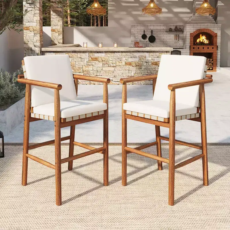 Set of 2 Acacia Wood Counter Height Bar Stools with Removable Cushions, Webbing Seat, Adjustable Feet for Outdoor Use