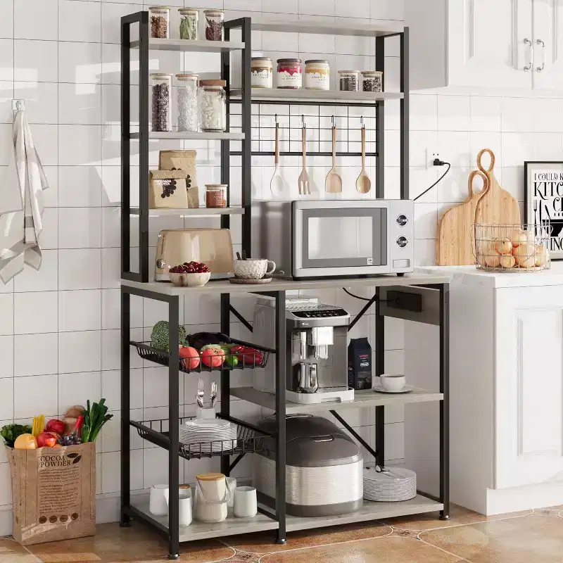7-Tier Microwave Stand with 2 Wire Basket and Power Outlets, 35.4 Inch Industrial Coffee Bar Station, Kitchen Large Bakers Rack with Storage