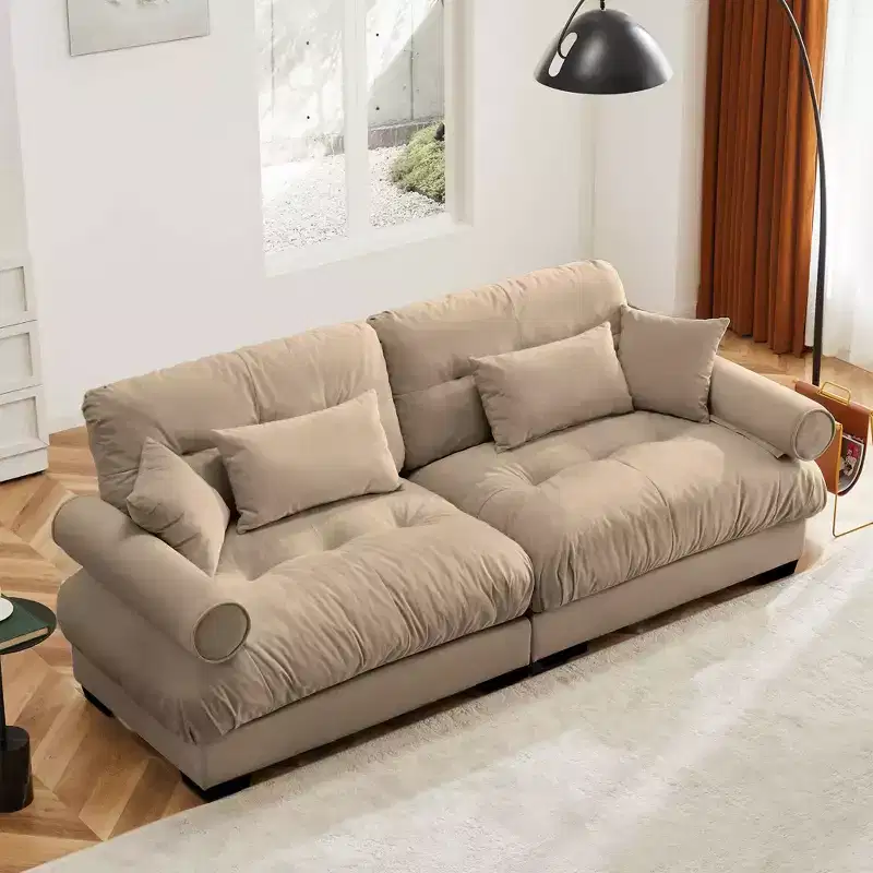 Two Seater Sofa with Bolstered Armrest Waist Pillows Throw Pilloes for Living Room Hallway Camel