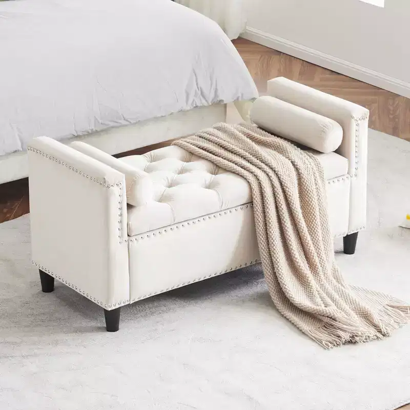 TUYOHW Storage Bench, Velvet Button Bedside Bench, Entryway Living Room with Armrests, Upholstered Bedroom Bench, Cream