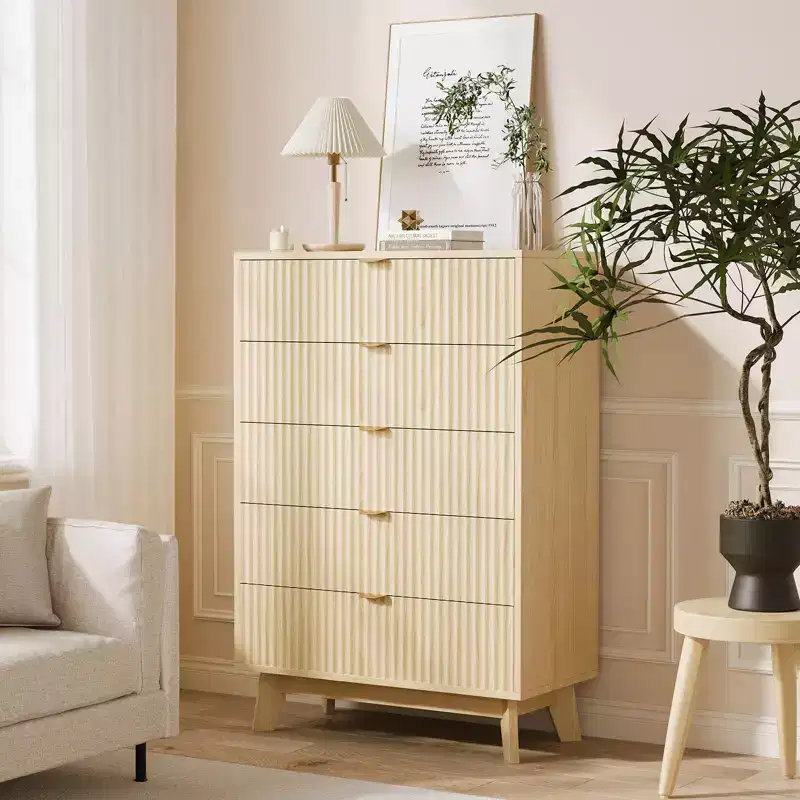 5 Drawer Dressers 2 Pcs, Fluted Closet Dressers Chest of Drawers, Wood Dresser Chest of Drawers Organizer for Bedroom Living Room Hallway, Natural