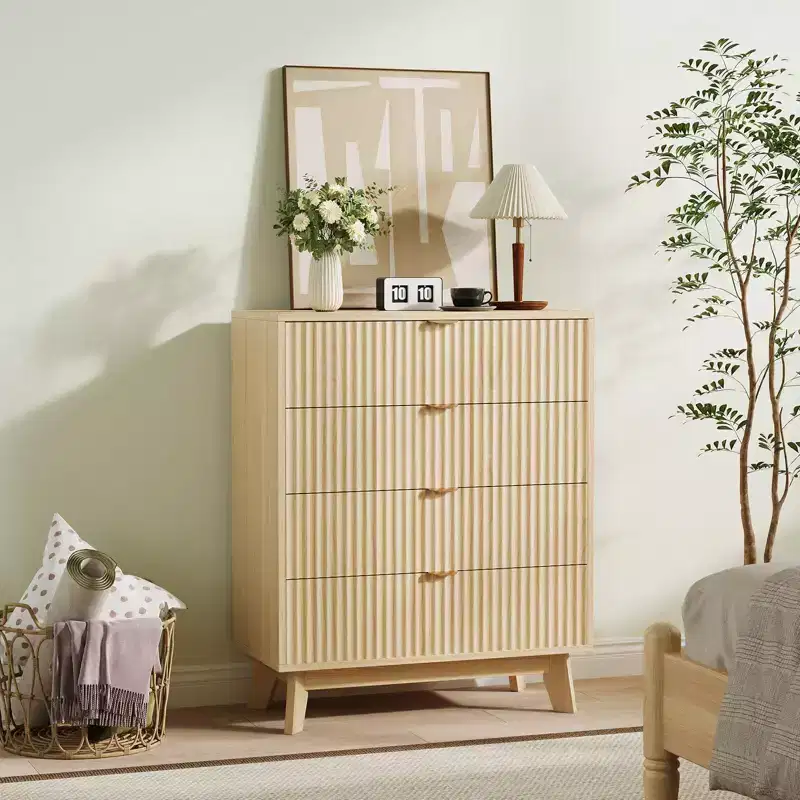 4 Drawer Dressers 2 Pcs, Fluted Closet Dressers Chest of Drawers, Wood Storage Dresser Chest of Drawers for Bedroom Living Room Hallway, Natural
