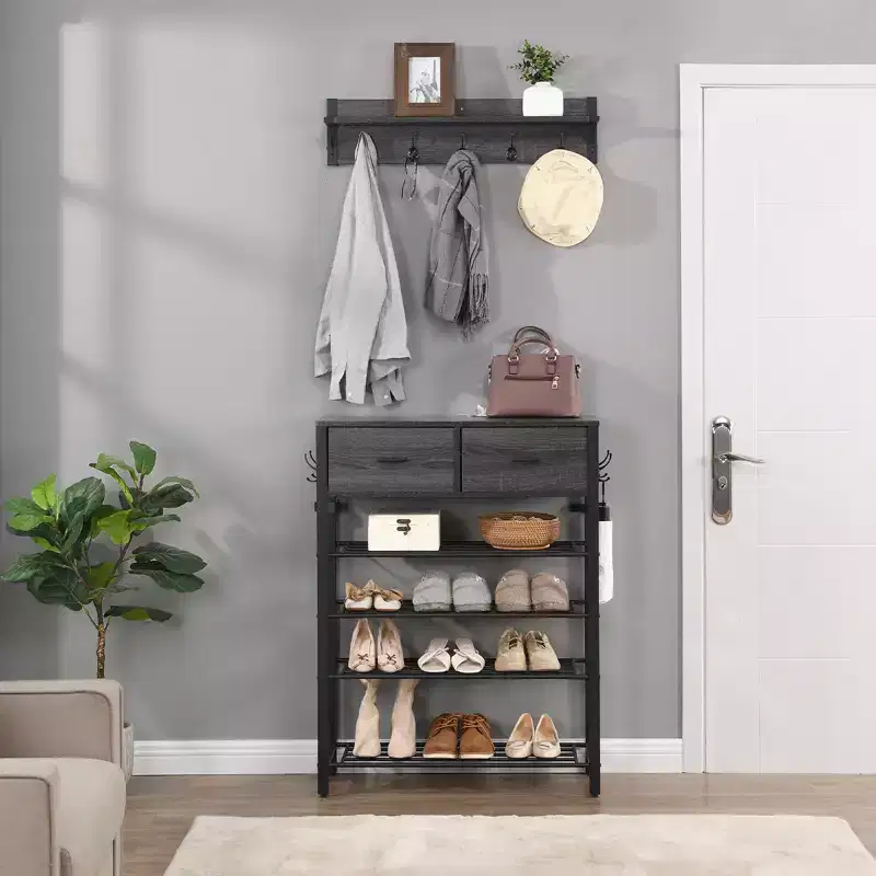 4-Tier Shoe Rack with 2 Drawers, Metal Shoe Organizer for 9 Pairs with Storage Shelves and Wooden Top, for Entryway, Hallway, Foyer, Closet
