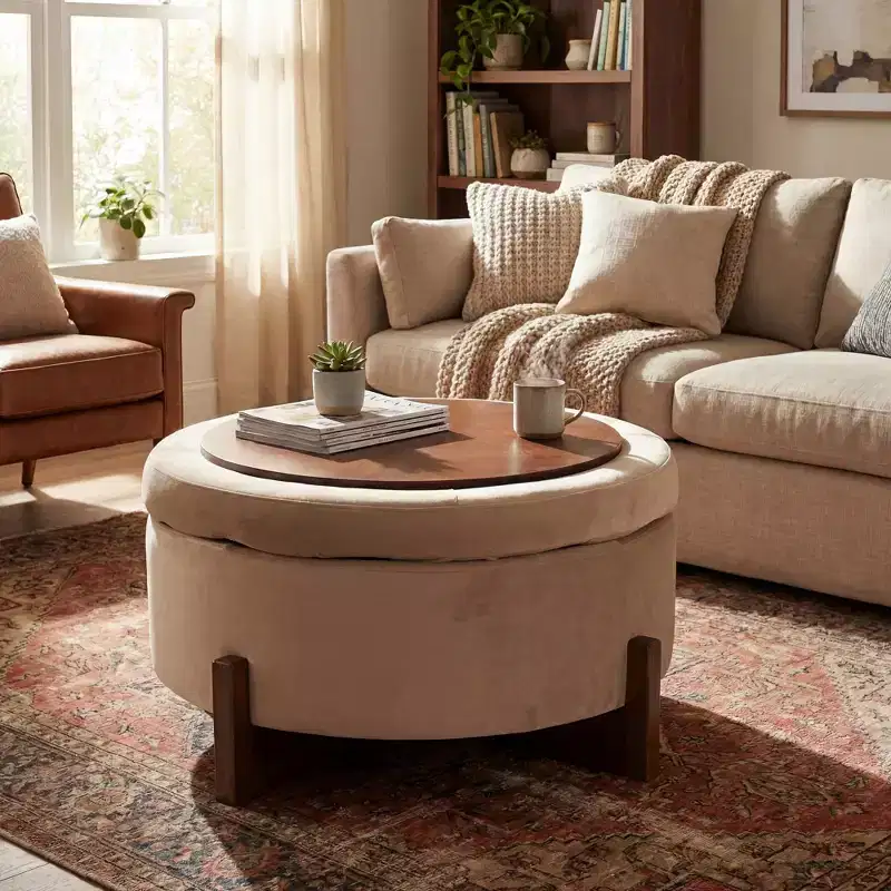 Modern Wooden Upholstered Round Storage Ottoman with Tufted Design and Reversible Lid