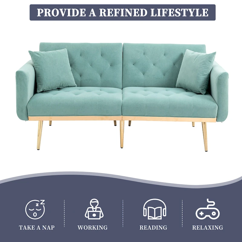 Velvet Upholstered Tufted Loveseats Sleeper Sofa With Rose Golden Legs