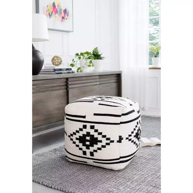 Black/White Geometric Pouf, Hand-Crafted, Square, Wool & Cotton