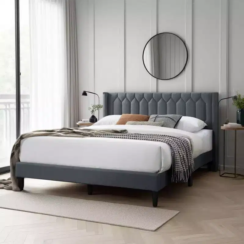 Royal Hampton Queen Size Bed, Geometric Stitched Charcoal Gray Burlap Upholstery