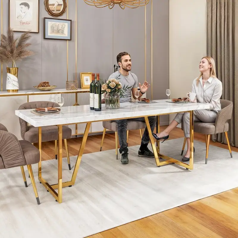 82  W Faux Marble Dining Table Rectangular Table for 8-10 People with Metal Legs
