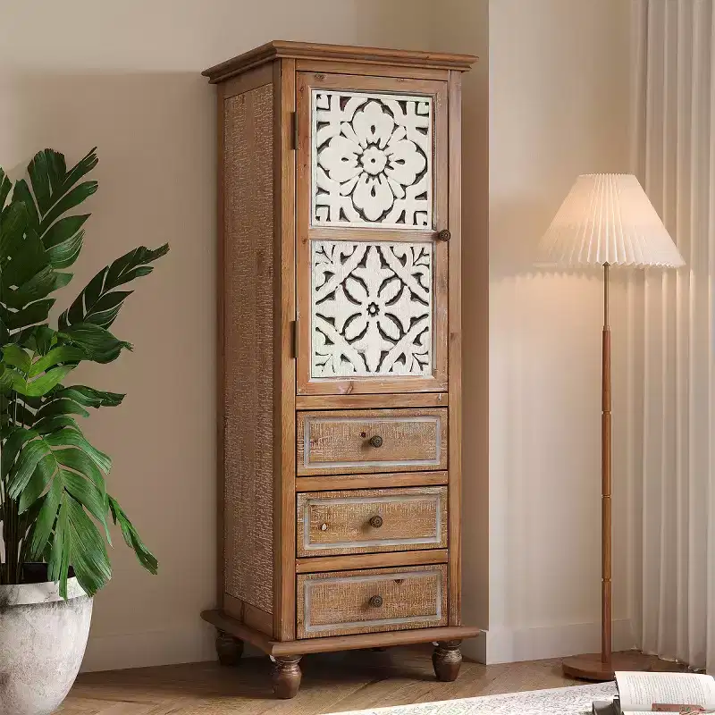 Rustic Decorative Storage Cabinet with Cutout Doors and 3 Drawers, Tall Narrow Accent Cabinet for Living Room or Bedroom-Panipeachy