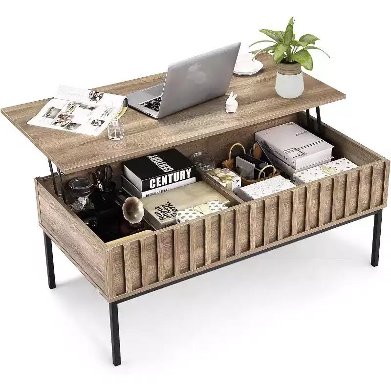 Lift Top Coffee Table with Hidden Compartment, Modern Coffee Table with Storage, Fluted Wood Center Table Rising Tabletop Tea Table for Living Room