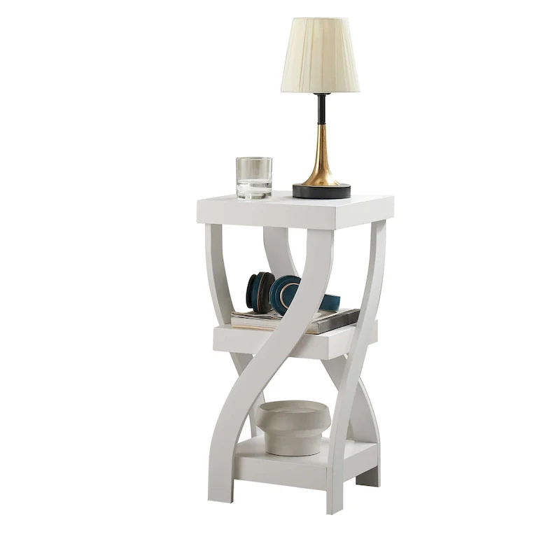 Side End Table with Curved Legs and Storage Shelves, White