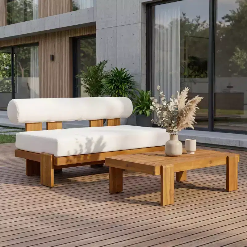 Christopher Knight Home Ishaan Modern 2 Piece Acacia Upholstered Patio Loveseat and Slatted Coffee Table Set