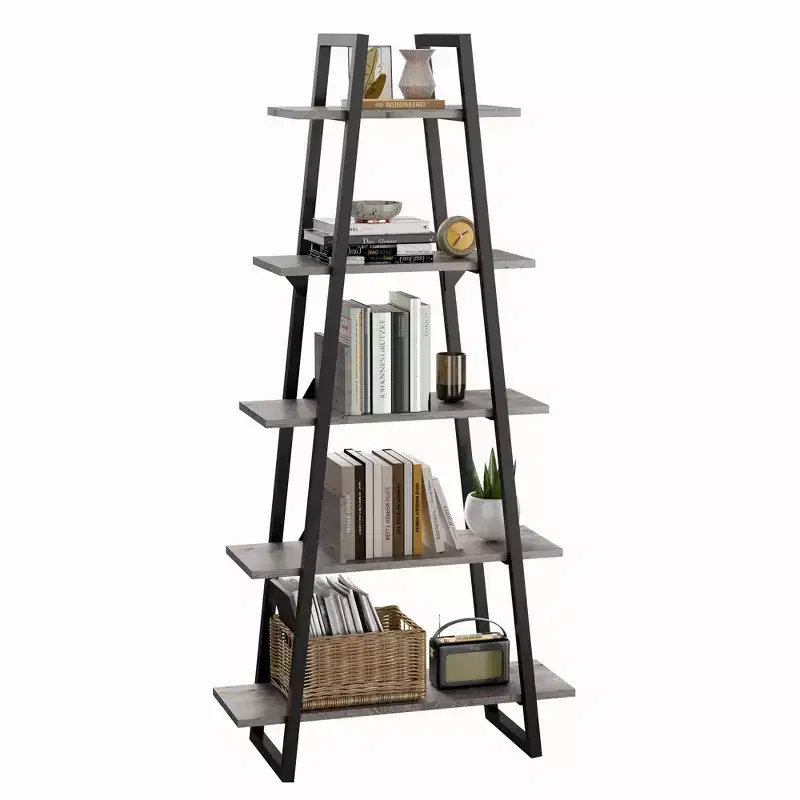 5-Tier Industrial Ladder Bookshelf - Modern Rustic Wood & Metal Storage Organizer for Living Room & Home Office