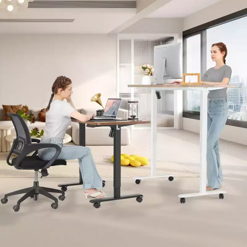 Electric Standing Computer Desk, Adjustable Height 63x24 with Outlet, Rolling Wheels, Dual-Beam Frame, Mouse Pad