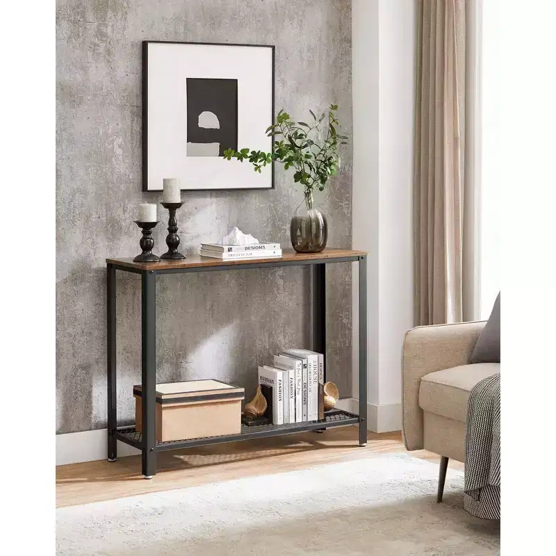 Console Table, 2-Tier Entryway Table with Mesh Shelf, Narrow Sofa Table, Steel Frame, Adjustable Feet Rustic Brown and Black