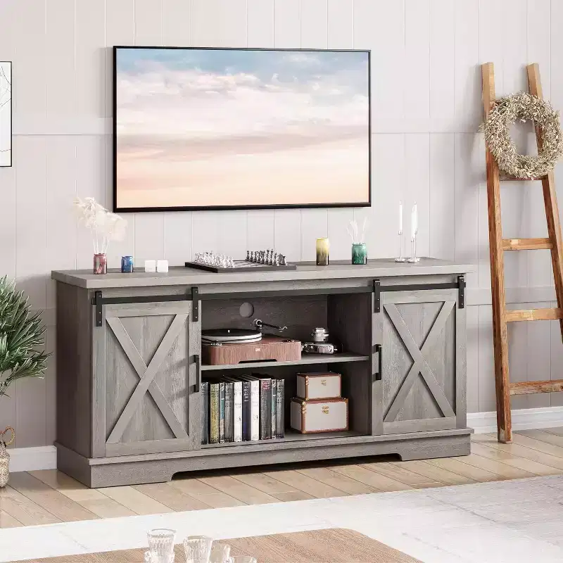 CuisinSmart Farmhouse Cabinet, 65 Inch TV Stand with Storage, Barn Doors and Shelves, Modern TV Console Table Furniture for Living Bedroom