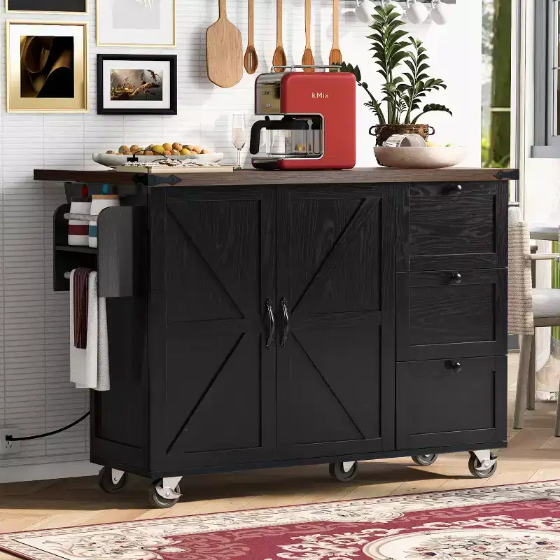 Farmhouse Kitchen Island with Power Outlet, Kitchen Storage Island with Drop Leaf, Rolling Kitchen Cart on Wheels with Internal Storage Rack