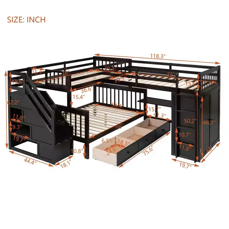 Twin-Twin over Full L-Shaped Bunk Bed with Wardrobe Space, Solid Wood Staircase Bunk Bed with Portable Desk
