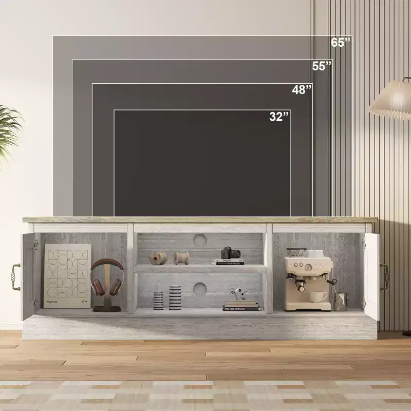 Farmhouse-style TV stand with storage cabinet, modern media console featuring rustic wood grain design, suitable for living rooms and home offices.