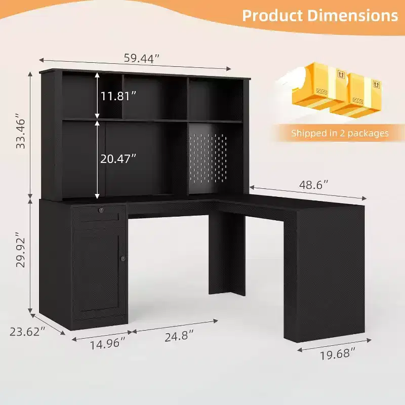 MooxvMoo L Shaped Desk with Outlets, Drawers and Bookshelf, Modern Corner Computer Desk for Home Office or Gaming, Black