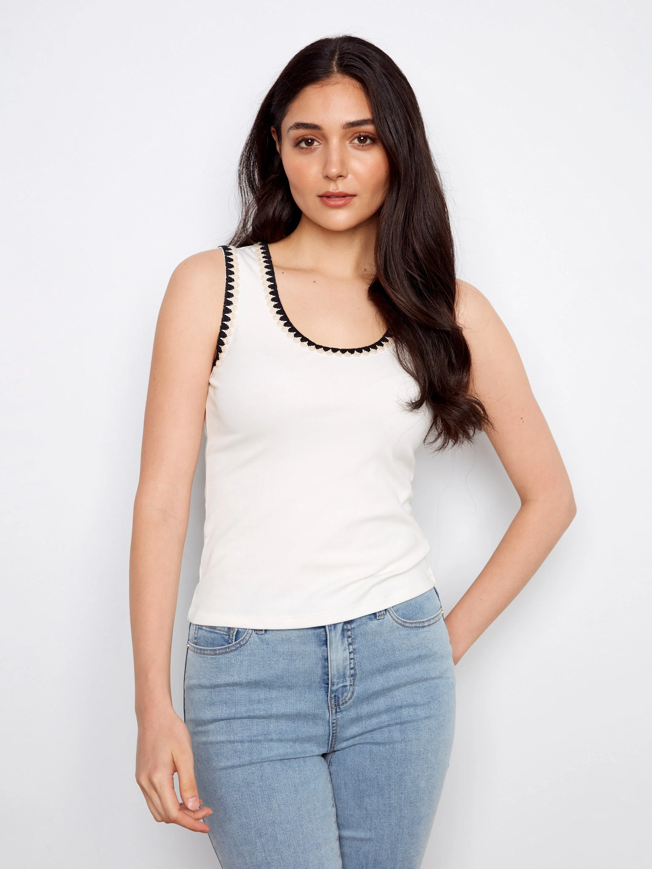 Knit Tank Top With Crochet Detail - Ecru