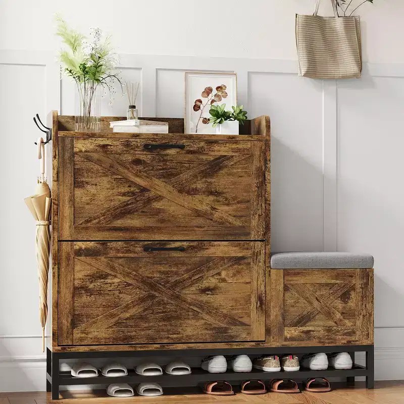 Shoe Cabinet with 2 Flip-Drawers & Storage Bench, Farmhouse Wood Freestanding Shoe Rack with 2 Hooks & Bottom Shelf for Entryway, Living Room