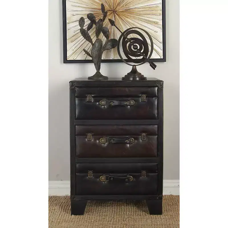 Traditional Wood and Faux Leather Cabinet Dark Brown