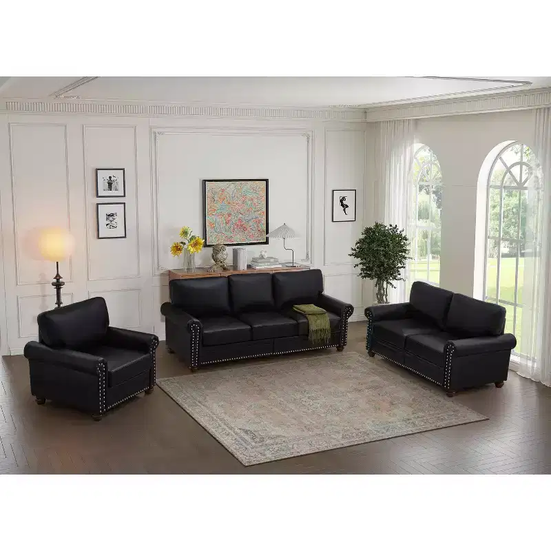 MAYEERTY 3 Pieces Sectional Faux Leather Sofa with Storage Silver Nails for Living Room Black