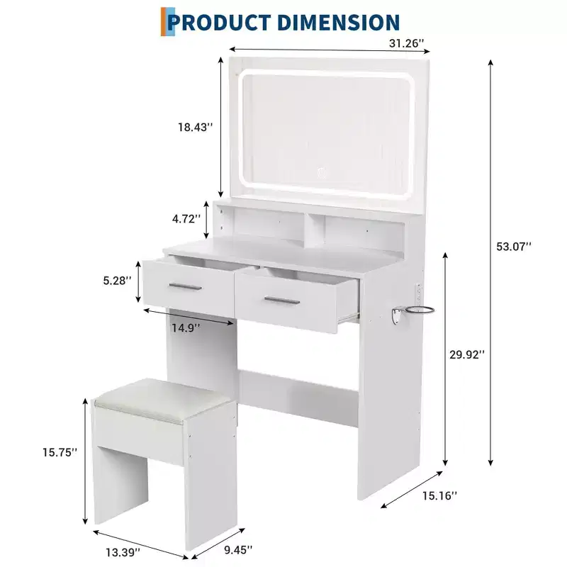 White Vanity Desk with Mirror, Drawers and Stool