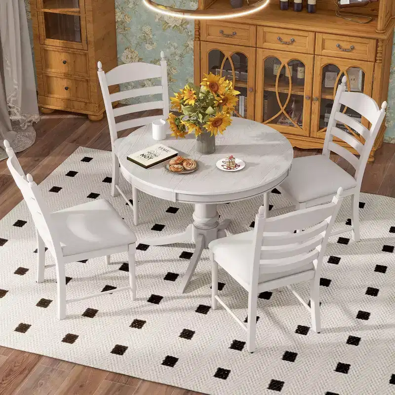 Whisen 5-Piece Retro Functional Dining Table Set with Round Extendable Dining Table and 4 Upholstered Dining Chairs