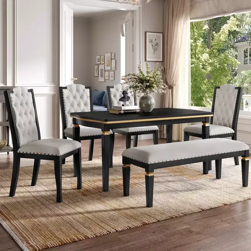 Retro 6 Pieces Kitchen Dining Table Set, Rectangular Table and 4 High-Back Tufted Chairs & Bench, Wood Dining Room Table Set for 6