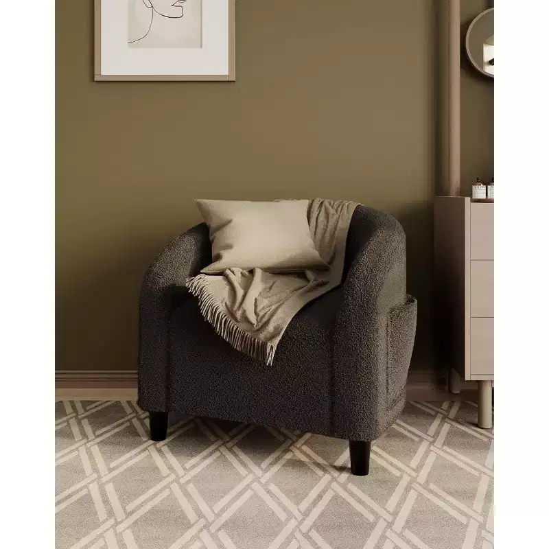 Gray Boucle Fabric Accent Chair - Plush and Supportive Armchair for Living Room, Bedroom or Office