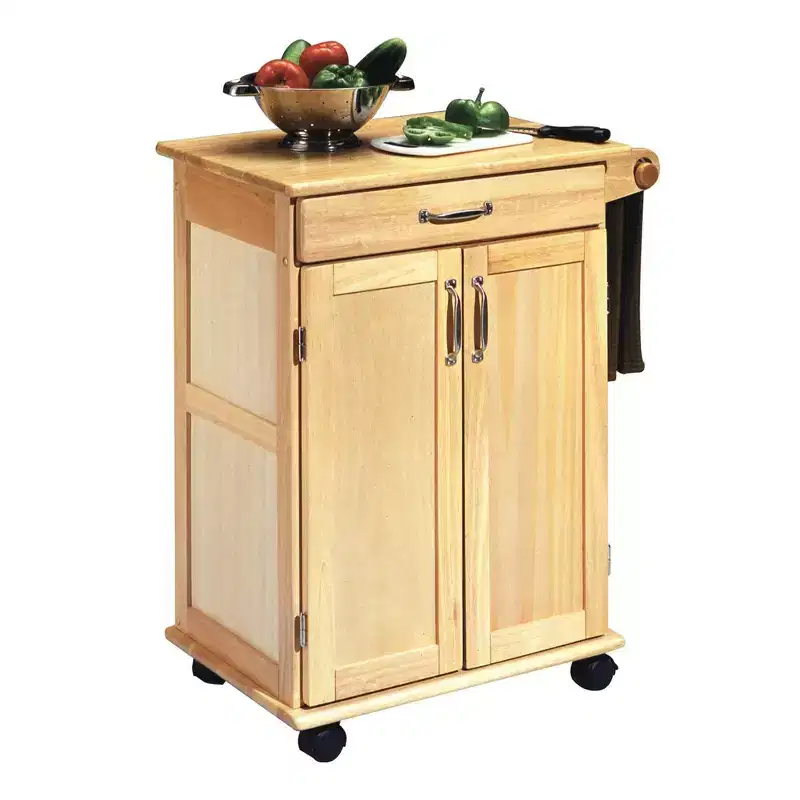 Small Kitchen Cart with Natural Wood Top, Brown - Hardwood, Casters, 1 Drawer, 2 Doors
