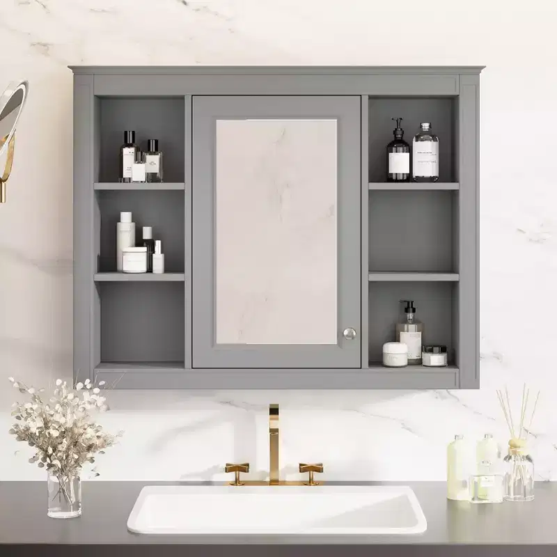 35 x 27.5 Bathroom Mirror Cabinet with 6 Open Shelves, Wall Mounted Medicine Cabinet (No Vanity)