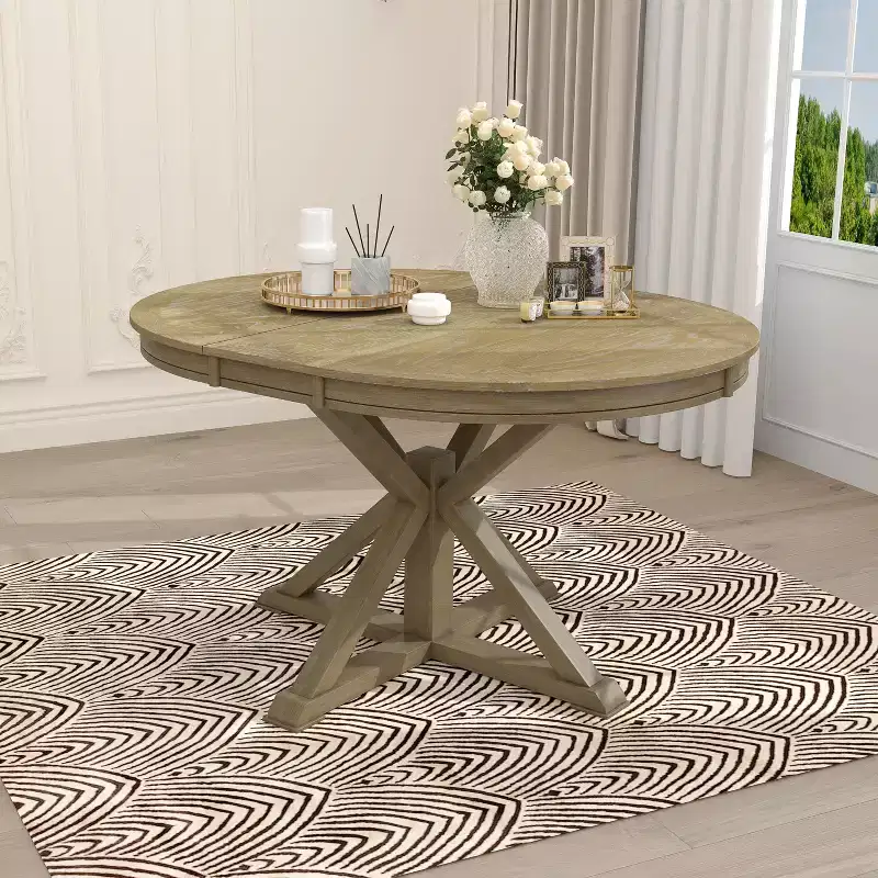 Modern Mid-century Extendable Dining Table Round Kitchen Table with 12Inch Leaf for 4 to 6
