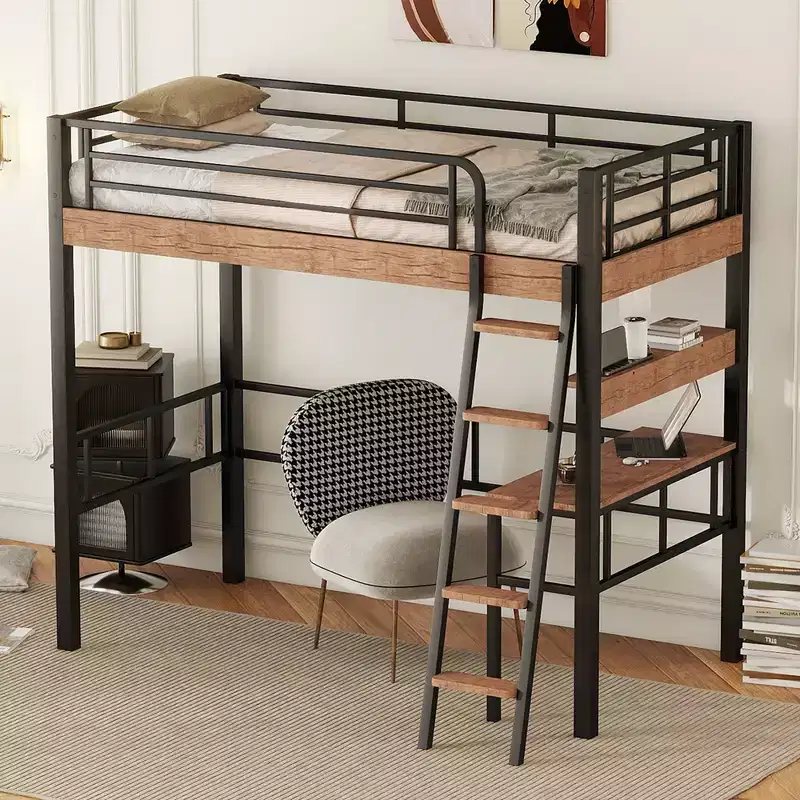 Twin Loft Bed with Desk, Ladder & Bookshelves, Heavy Duty Metal Frame, Space-Saving Design, Black