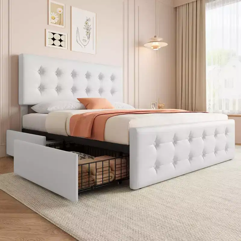 Bed Frame with 4 Storage Drawers and Headboard, Faux Leather Upholstered Platform Bed Frame with Wooden Slats Support, No Box Spring Needed