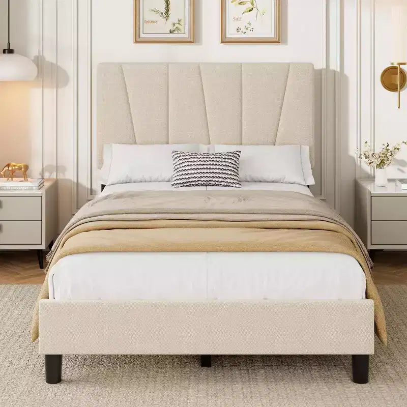 Twin Size Platform Bed Frame with Adjustable Headboard, Linen Upholstered Frame with Wooden Slats - No Box Spring Needed, Easy Assembly