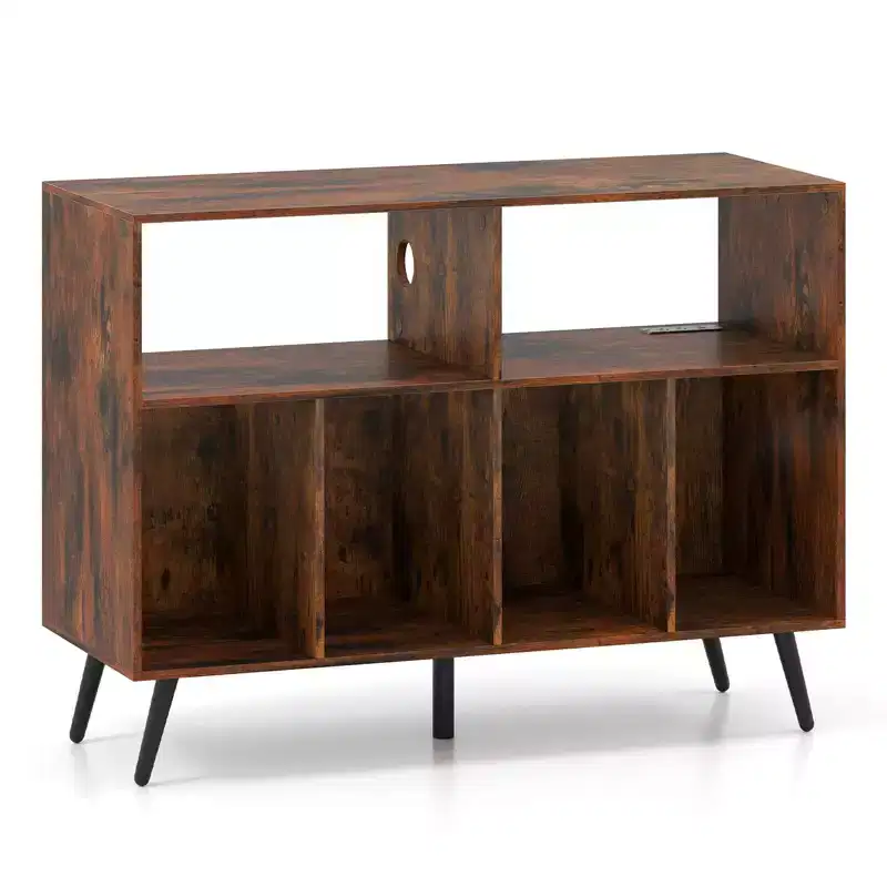 Costway Record Player Stand with Charging Station Open Shelves & Compartments Raised Legs Brown/White