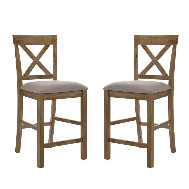 Simple Relax Set of 2 Linen Upholstered Counter Height Chairs in Tan and Weathered Oak