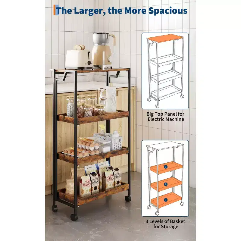 COZONY 4-Tier Wooden Folding Storage Shelf Cart - Expandable Kitchen Organizer with Locking Wheels, Heavy Duty Garage Shelving, 100 Lbs Load Capacity